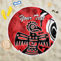 Red round beach blanket with white-fringe edge, black-and-white eagle graphic, Your Text.