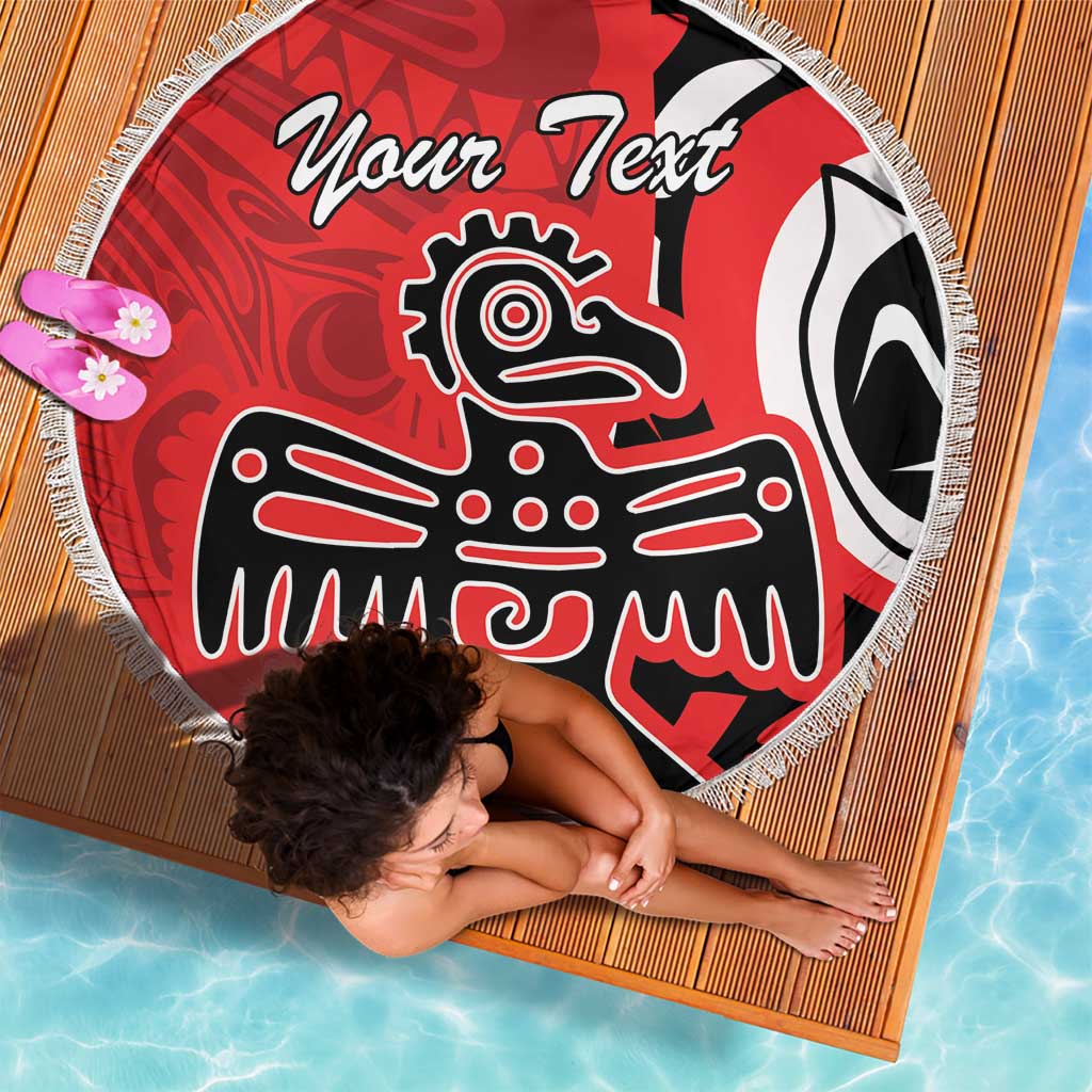 Red round beach blanket with white fringe, black-and-white eagle design and Your Text.