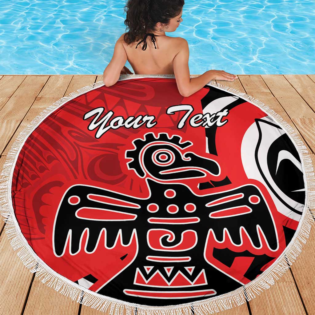 Red round beach blanket with white fringe, black-and-white eagle graphic and Your Text.