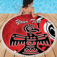 Red round beach blanket with white fringe, black-and-white eagle graphic and Your Text.