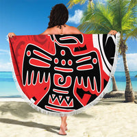 Red round beach blanket with fringed edge, black-and-white eagle graphic and Your Text.