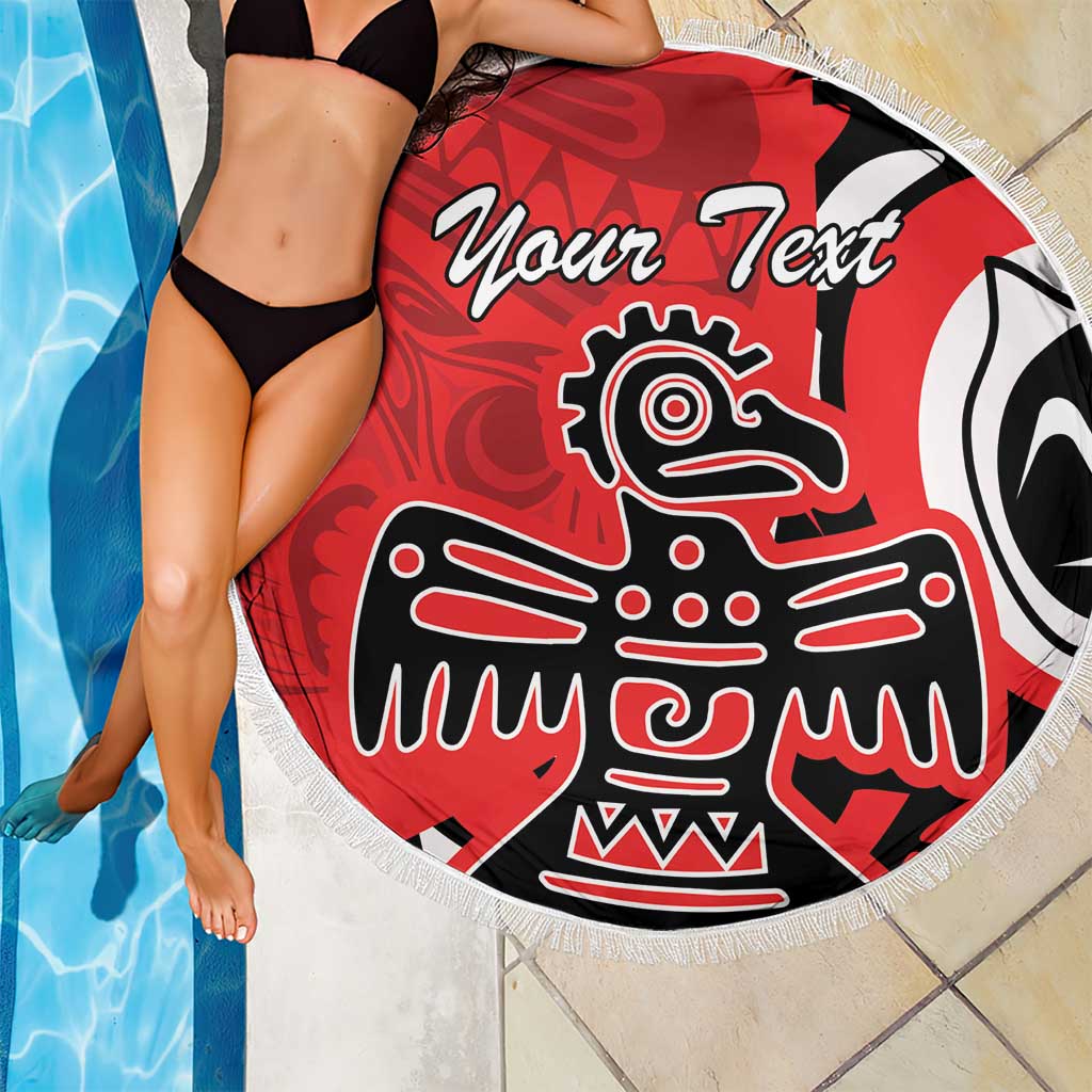 Red round beach blanket with white fringe edge and black-and-white eagle graphic, Your Text.