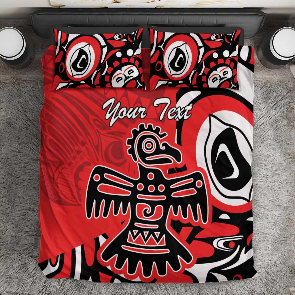 Red, black, and white tribal eagle bedding set with front pillow and “Your Text”