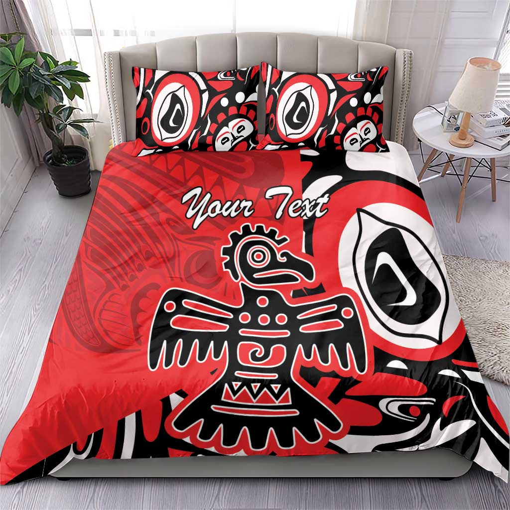 Red, black, and white tribal eagle bedding set with two pillows and “Your Text”