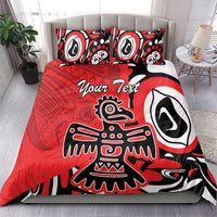 Red, black, and white tribal eagle bedding set with two pillows and “Your Text”