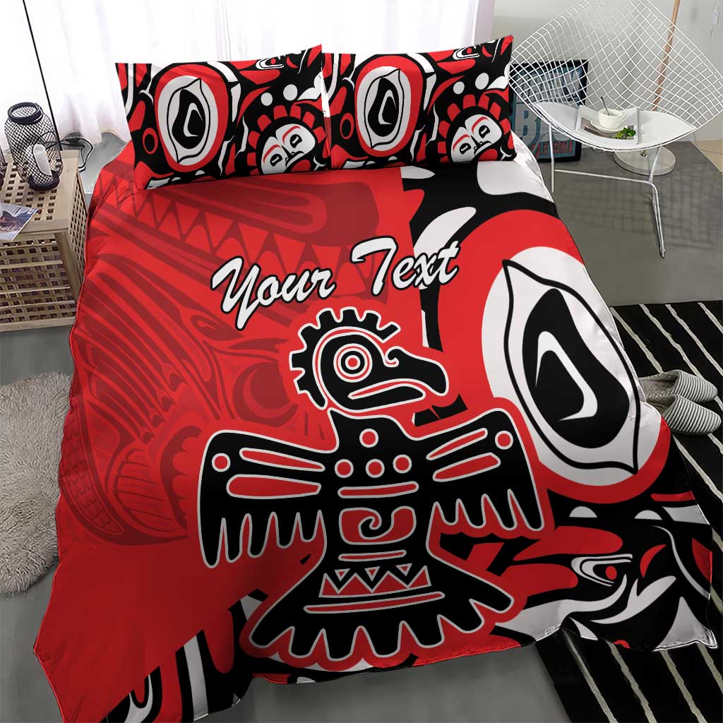 Red, black, and white tribal eagle duvet bedding set with two front pillows