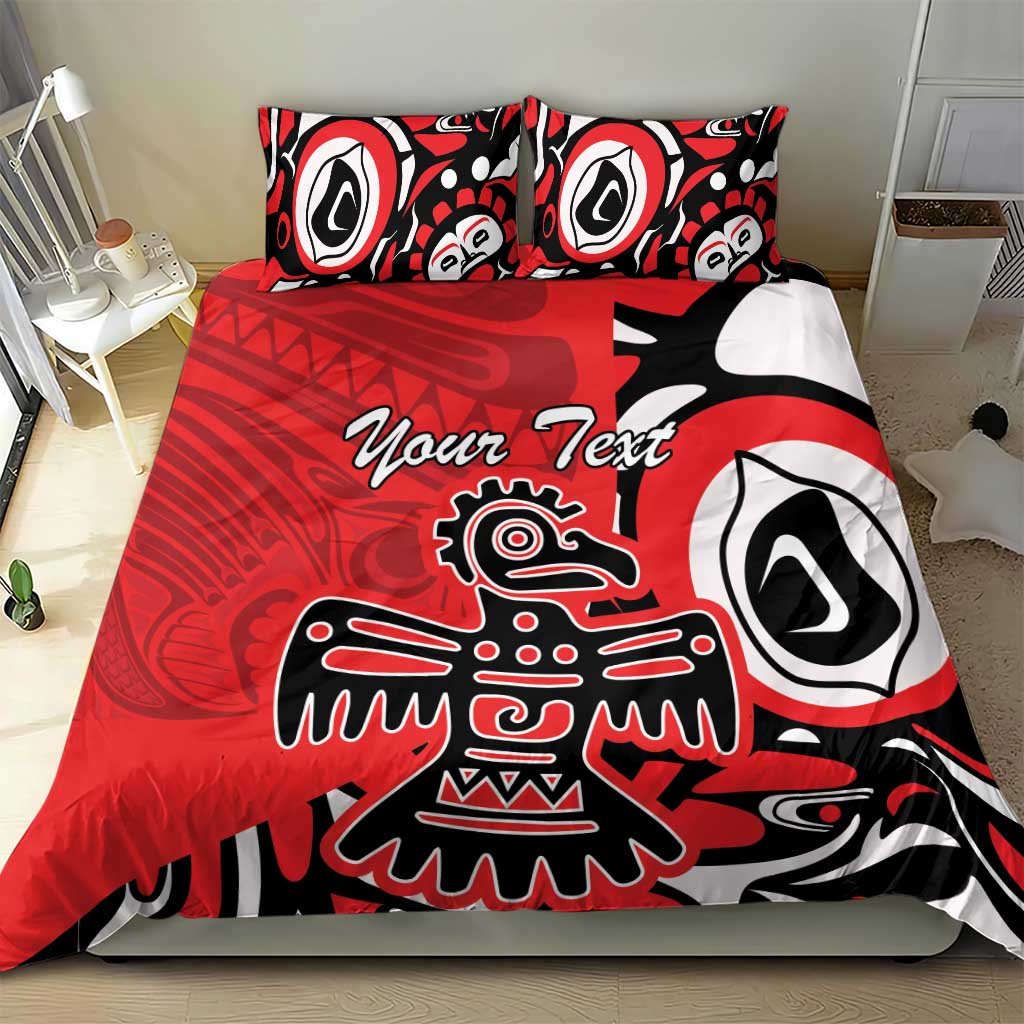 Red, black, and white tribal eagle bedding set with two pillows and “Your Text”