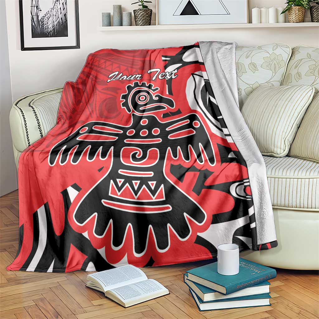 Red personalized blanket with large eagle totem graphic and "Your Text" across