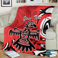 Red personalized eagle blanket on sofa with "Your Text" and black-and-white eagle design