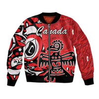 Red bomber jacket with full-zip front and large tribal eagle graphic, black ribbed hem