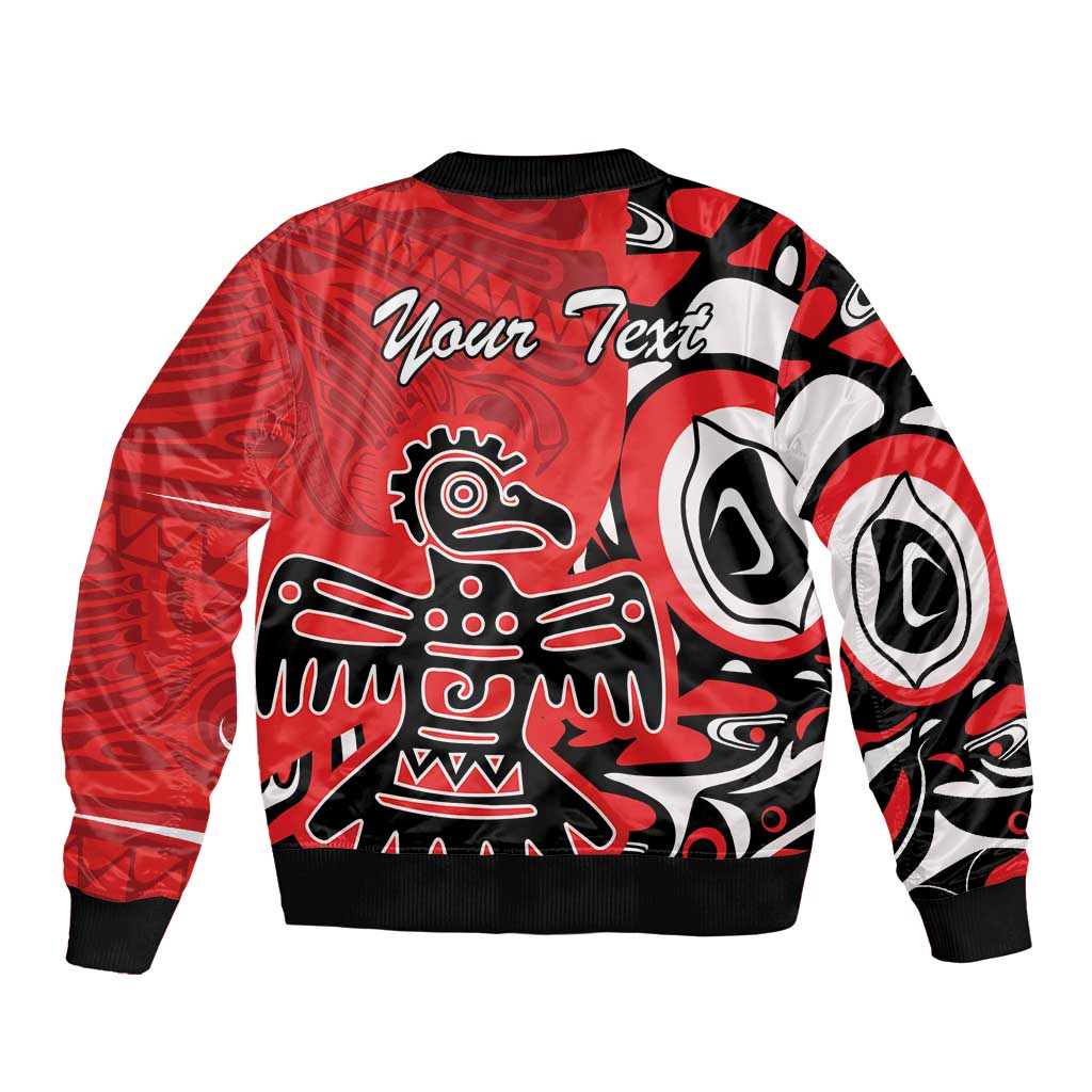 Red bomber jacket, back features bold tribal graphic and 'Your Text' print, black ribbed cuffs