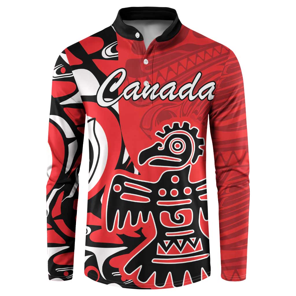Red pullover sweatshirt with button placket, black collar, and Canada tribal graphic