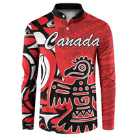 Red pullover sweatshirt with button placket, black collar, and Canada tribal graphic