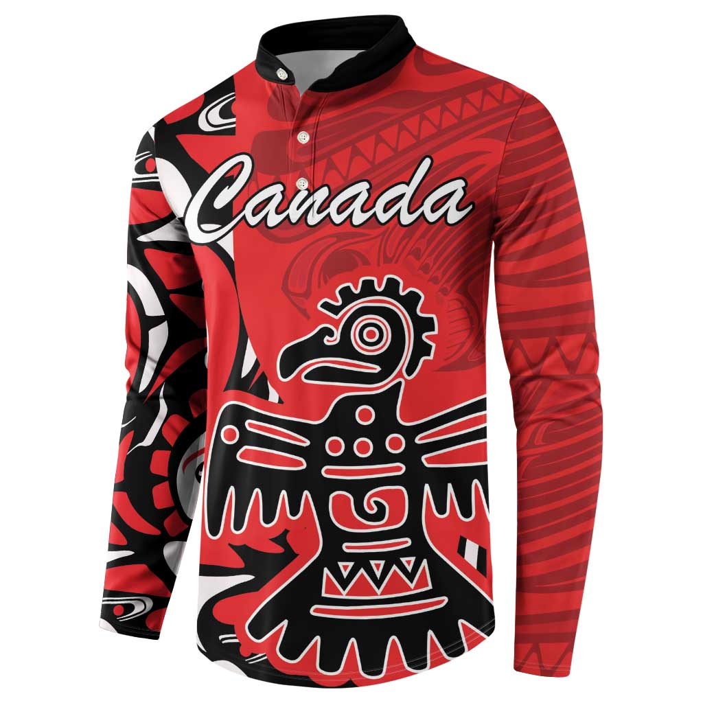 Red pullover sweatshirt with black collar and button placket, Canada and tribal figure print