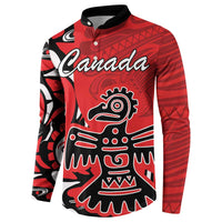Red pullover sweatshirt with black collar and button placket, Canada and tribal figure print