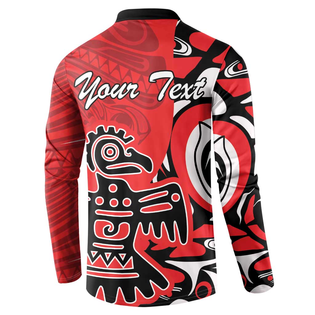 Red sweatshirt with button placket, black collar, and 'Your Text' on back tribal design