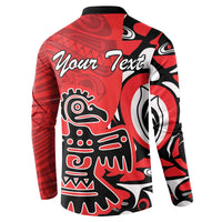 Red sweatshirt with button placket, black collar, and 'Your Text' on back tribal design