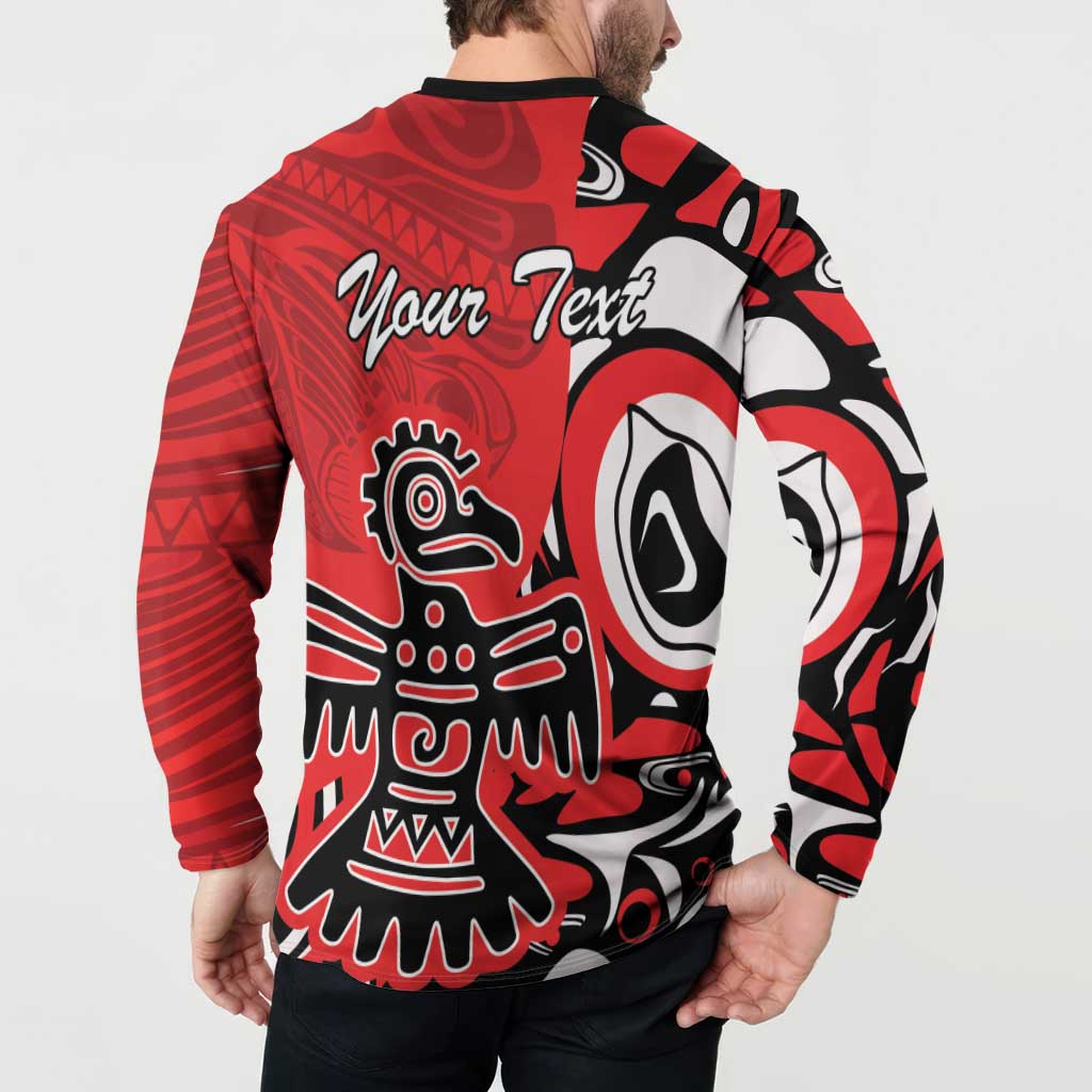 Red button-front sweatshirt with black collar, back 'Your Text' and tribal figure print