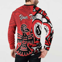 Red button-front sweatshirt with black collar, back 'Your Text' and tribal figure print