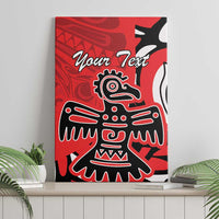Red canvas wall art with black Haida-style eagle totem and custom text