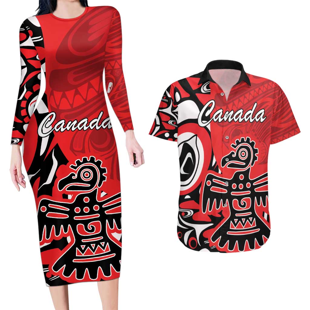 Personalized Canada Haida Eagle Couples Matching Long Sleeve Bodycon Dress and Hawaiian Shirt Red Style - Wonder Print Shop