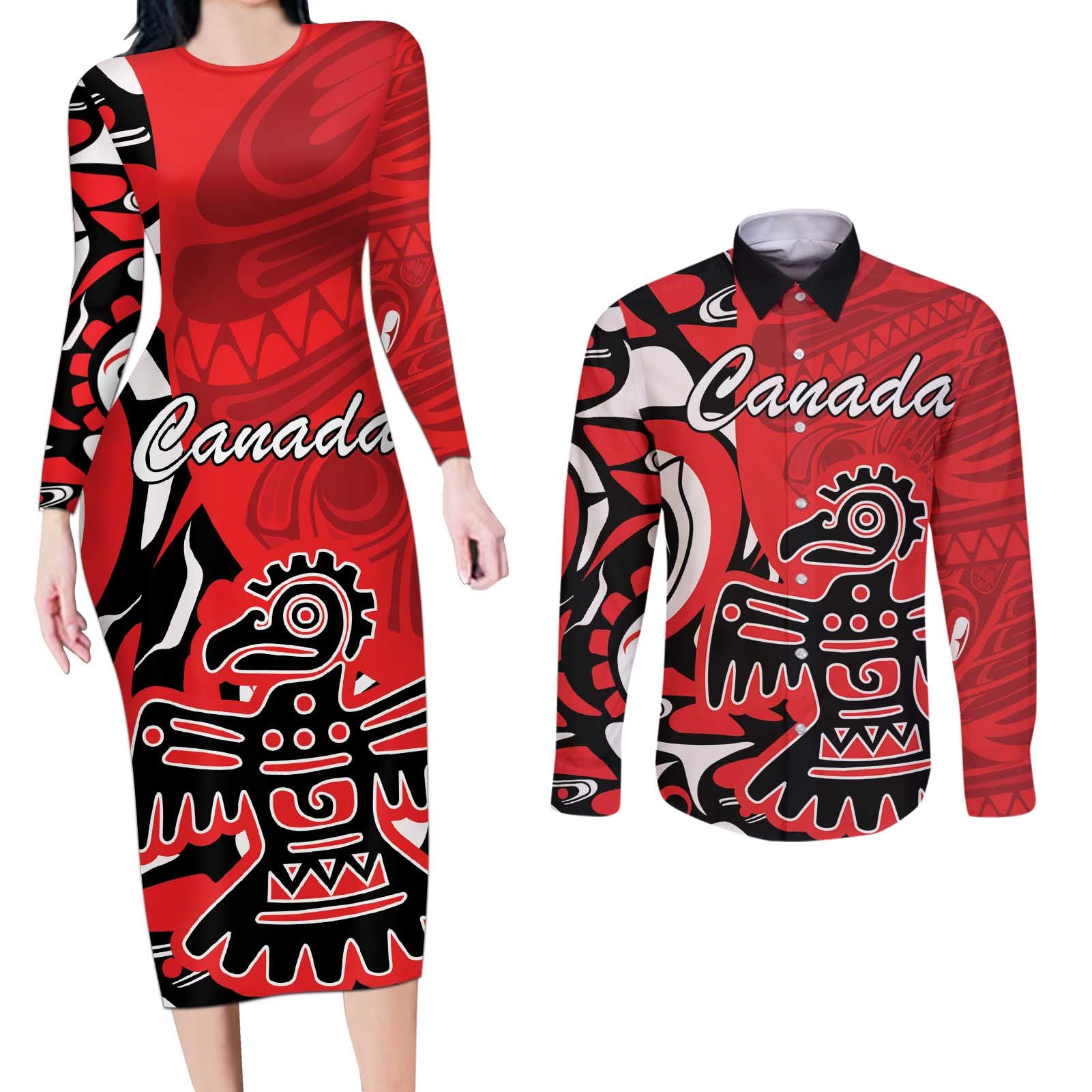 Personalized Canada Haida Eagle Couples Matching Long Sleeve Bodycon Dress and Long Sleeve Button Shirt Red Style - Wonder Print Shop