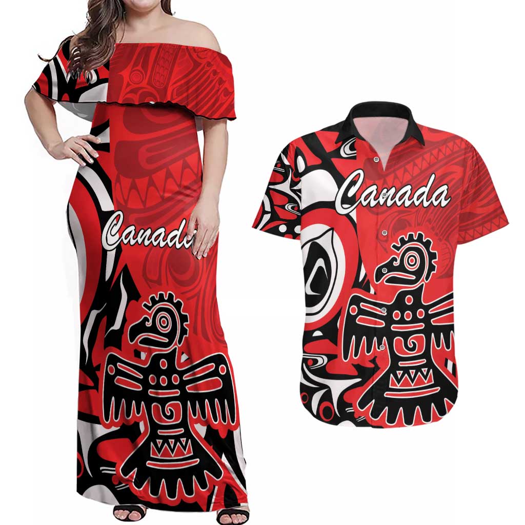 Personalized Canada Haida Eagle Couples Matching Off Shoulder Maxi Dress and Hawaiian Shirt Red Style - Wonder Print Shop