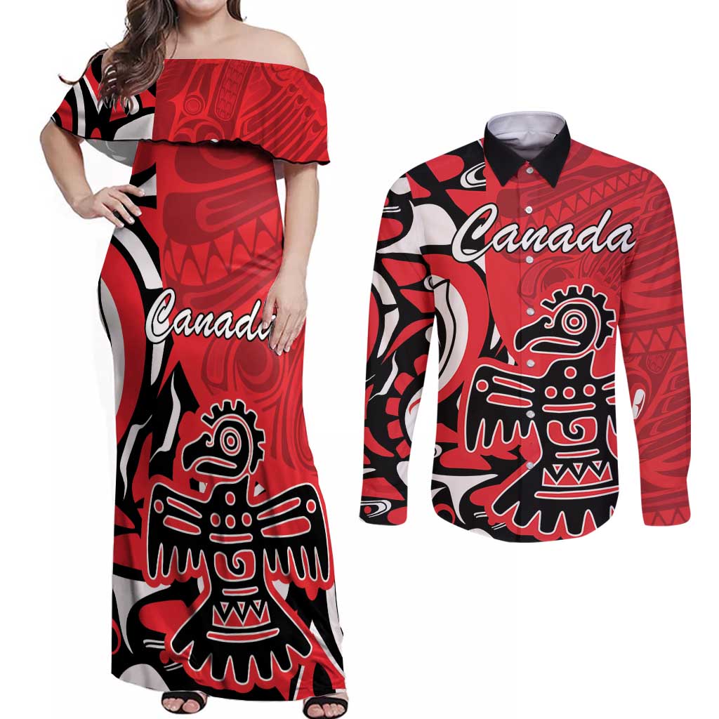 Personalized Canada Haida Eagle Couples Matching Off Shoulder Maxi Dress and Long Sleeve Button Shirt Red Style - Wonder Print Shop