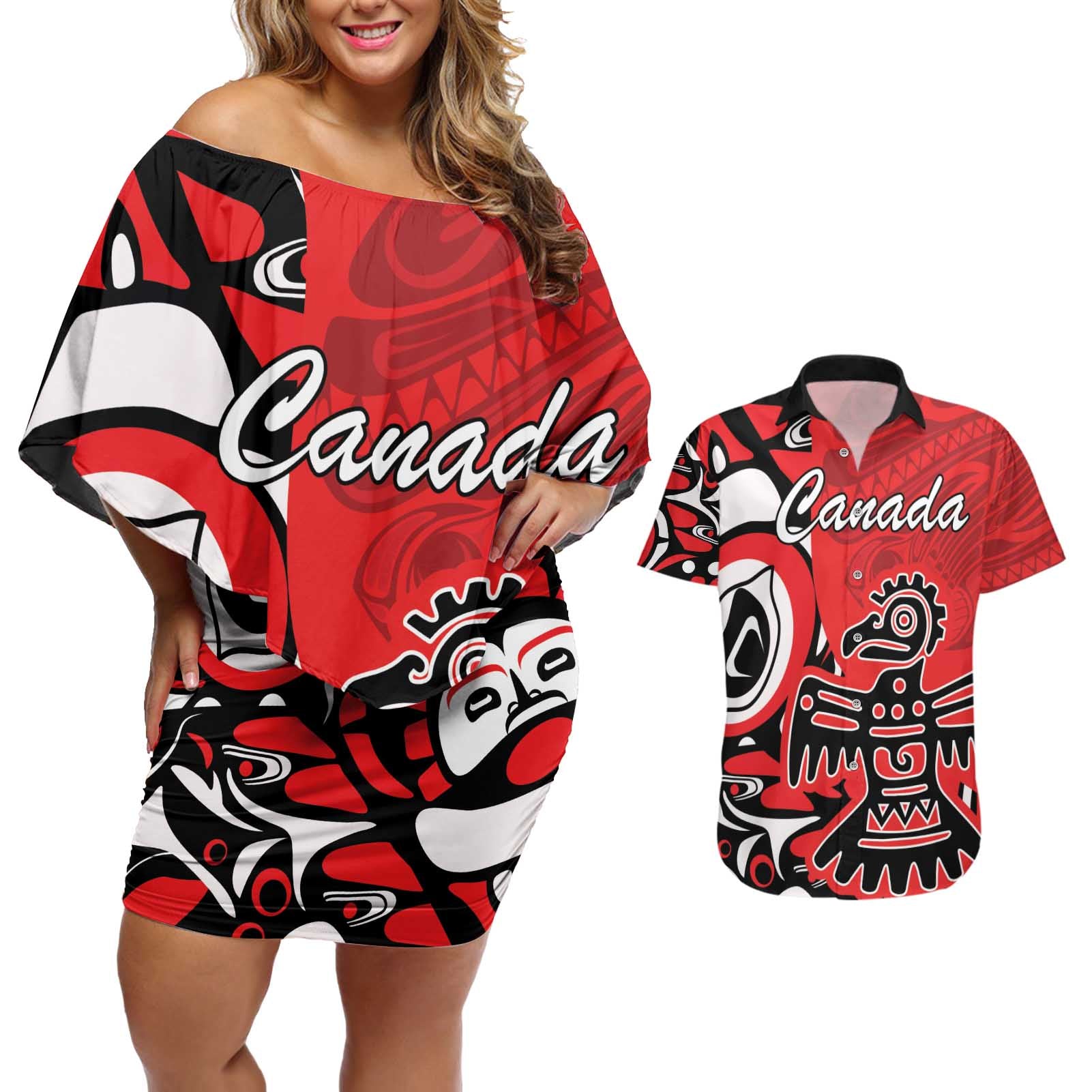 Personalized Canada Haida Eagle Couples Matching Off Shoulder Short Dress and Hawaiian Shirt Red Style - Wonder Print Shop