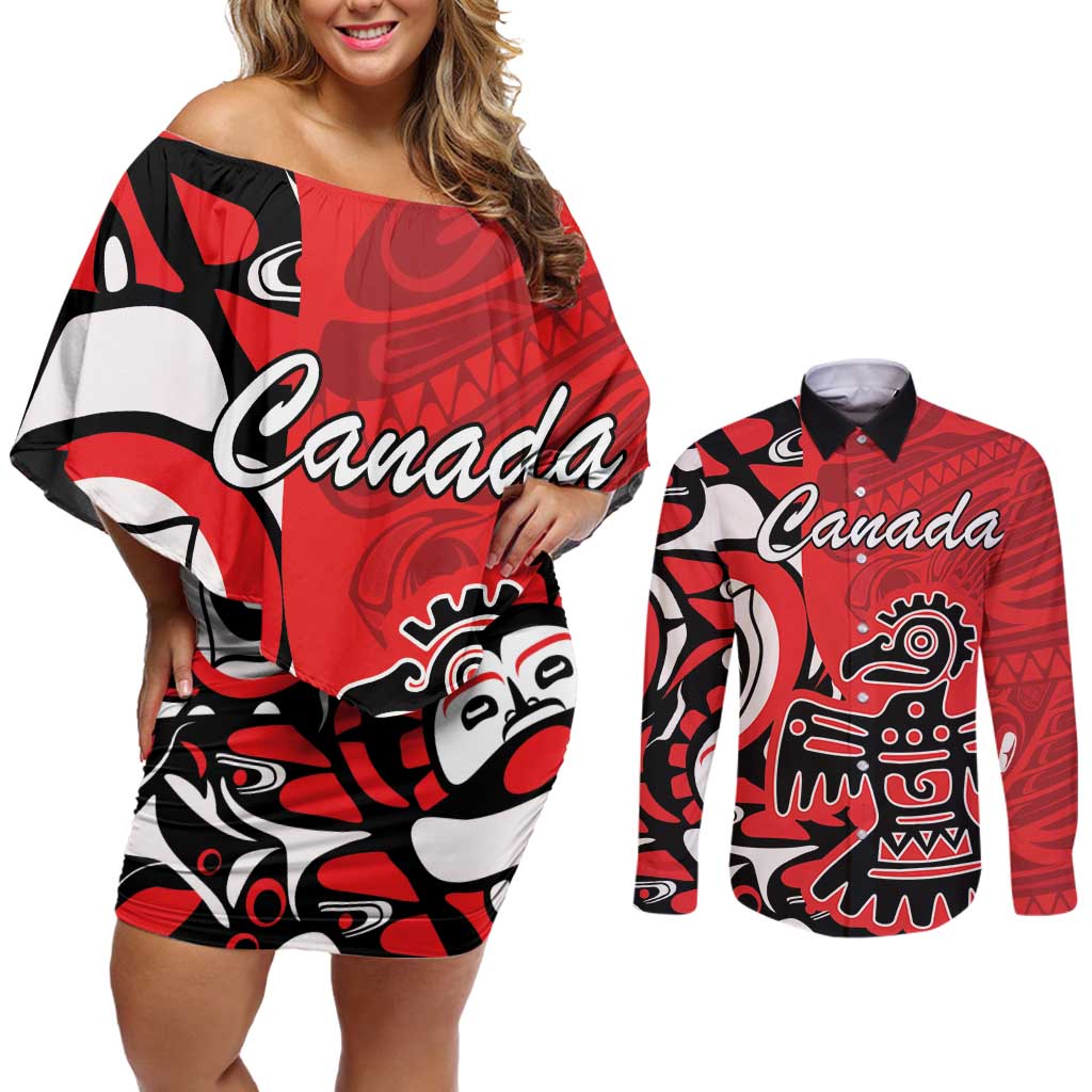 Personalized Canada Haida Eagle Couples Matching Off Shoulder Short Dress and Long Sleeve Button Shirt Red Style - Wonder Print Shop