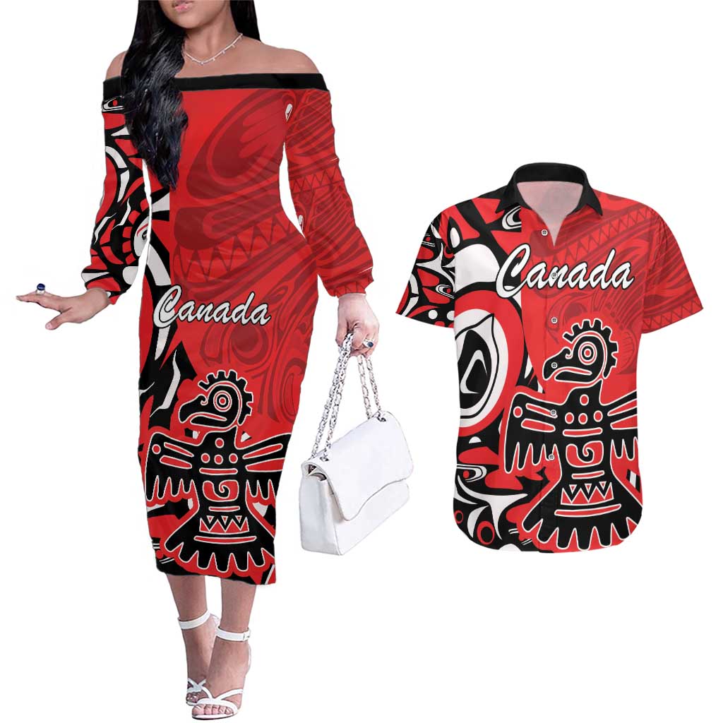 Personalized Canada Haida Eagle Couples Matching Off The Shoulder Long Sleeve Dress and Hawaiian Shirt Red Style - Wonder Print Shop