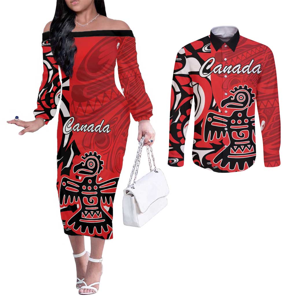 Personalized Canada Haida Eagle Couples Matching Off The Shoulder Long Sleeve Dress and Long Sleeve Button Shirt Red Style