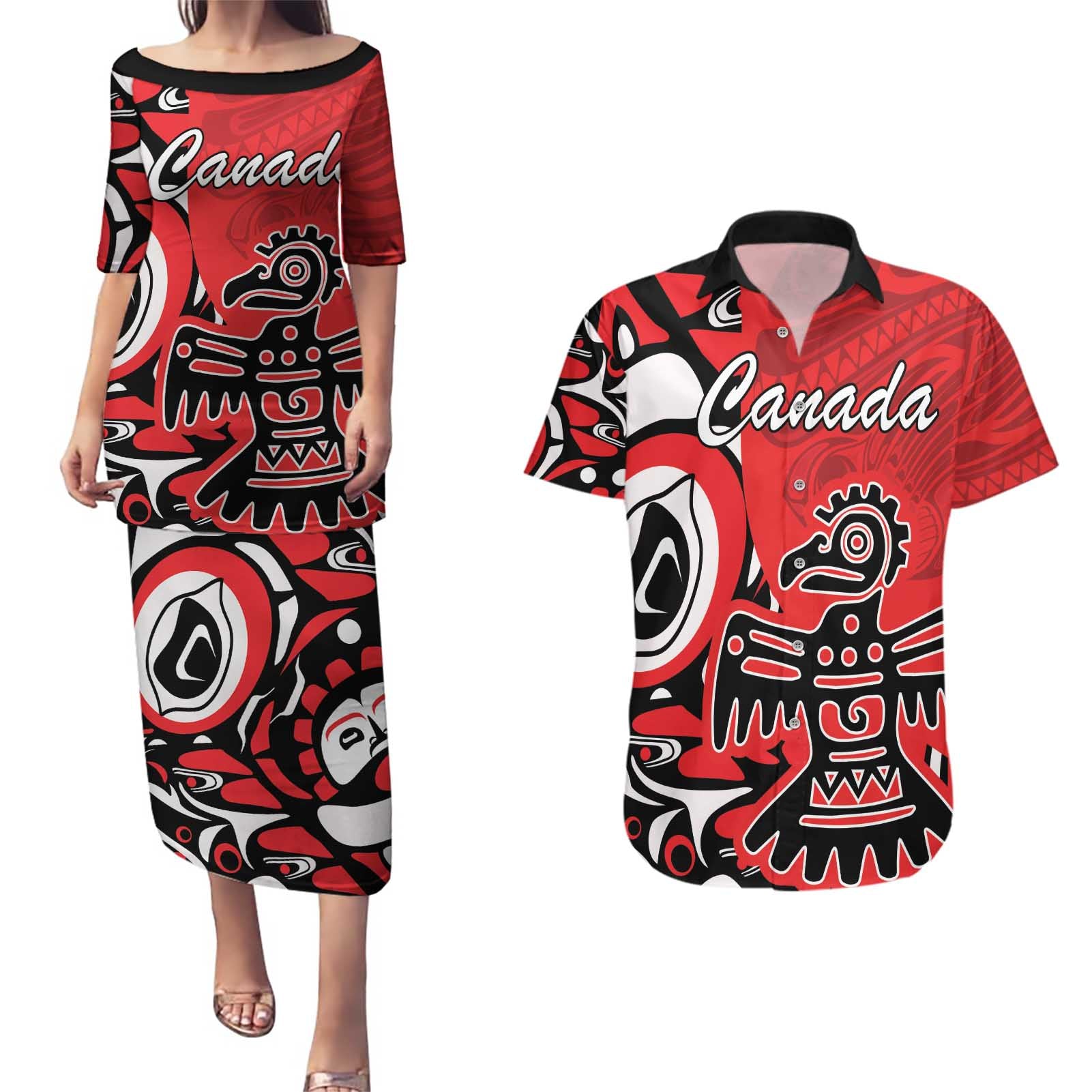 Personalized Canada Haida Eagle Couples Matching Puletasi and Hawaiian Shirt Red Style - Wonder Print Shop