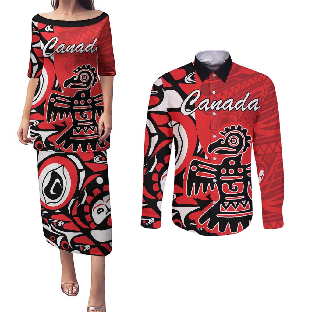 Personalized Canada Haida Eagle Couples Matching Puletasi and Long Sleeve Button Shirt Red Style - Wonder Print Shop