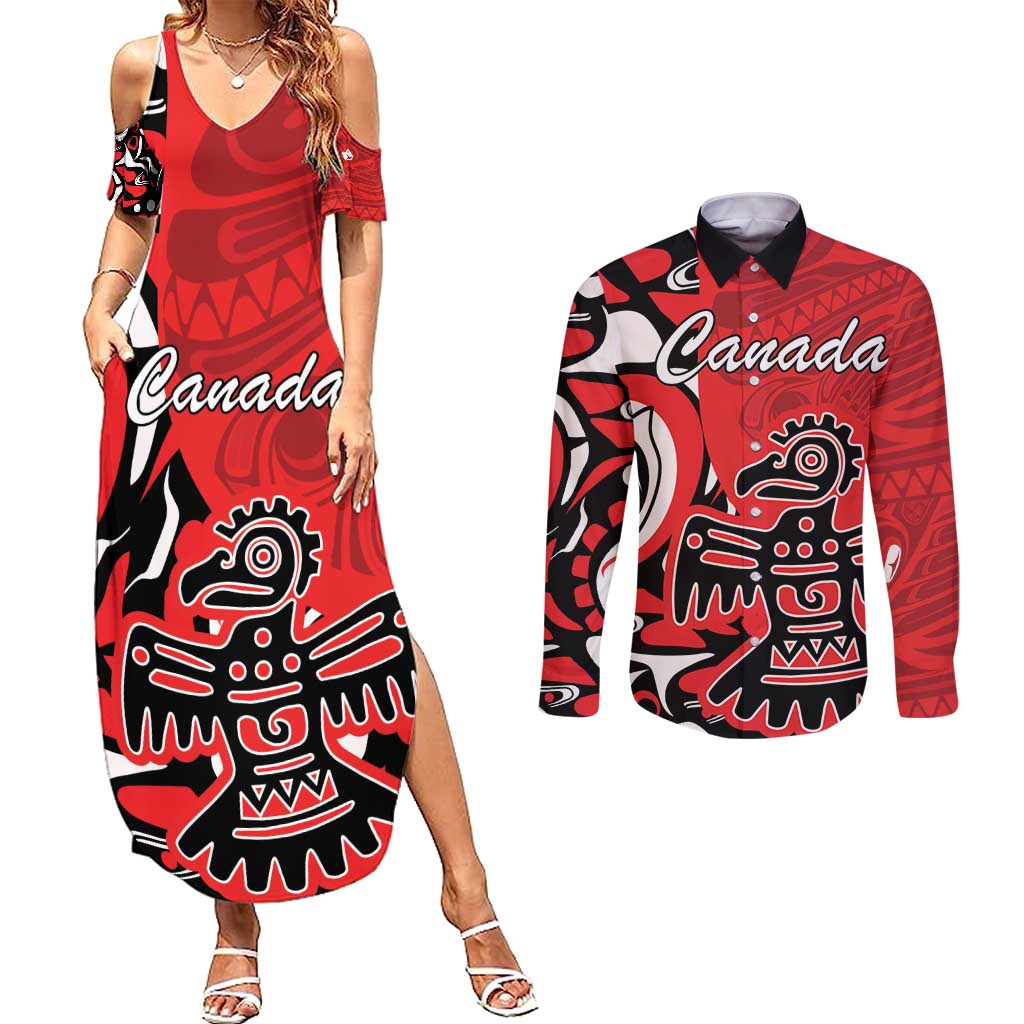 Personalized Canada Haida Eagle Couples Matching Summer Maxi Dress and Long Sleeve Button Shirt Red Style - Wonder Print Shop