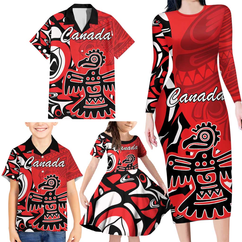 Personalized Canada Haida Eagle Family Matching Long Sleeve Bodycon Dress and Hawaiian Shirt Red Style - Wonder Print Shop