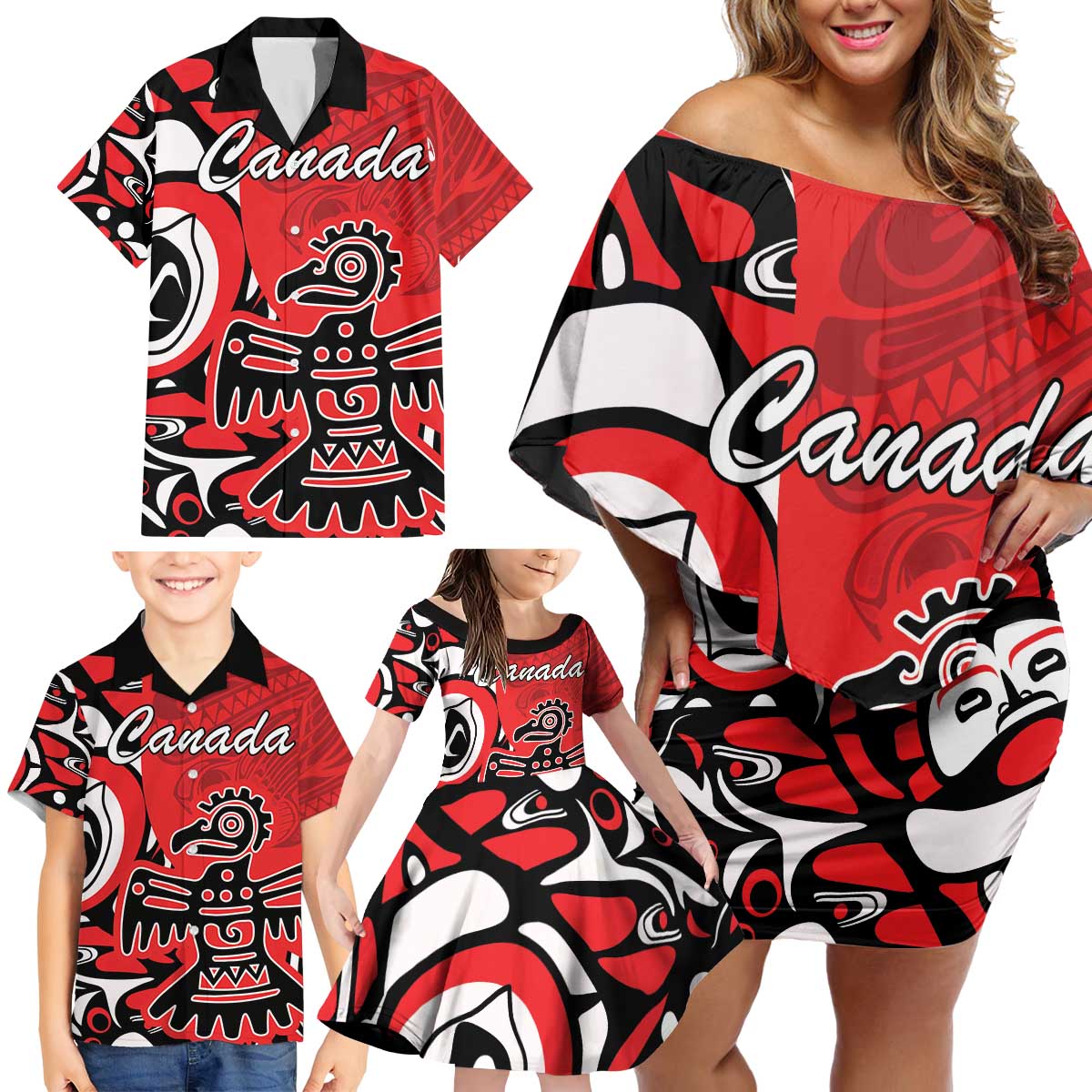 Personalized Canada Haida Eagle Family Matching Off Shoulder Short Dress and Hawaiian Shirt Red Style - Wonder Print Shop