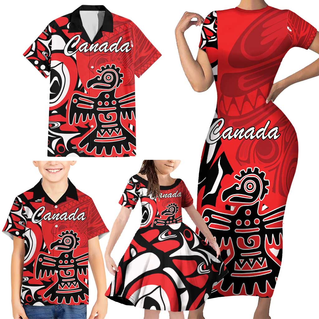 Personalized Canada Haida Eagle Family Matching Short Sleeve Bodycon Dress and Hawaiian Shirt Red Style - Wonder Print Shop