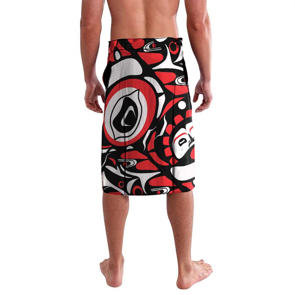 Red and black patterned swim shorts with elastic waistband, front view