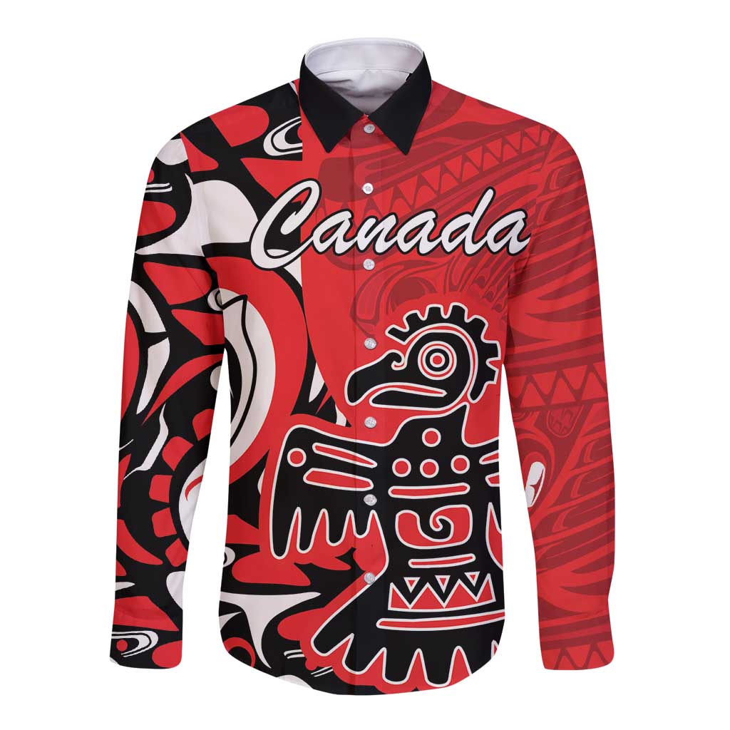 Red long-sleeve button shirt with black collar, Canada eagle Haida graphic front