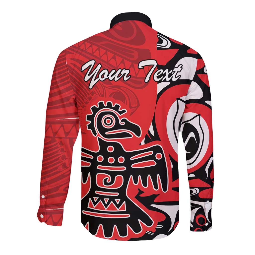Red long-sleeve button shirt, back shows Your Text and Haida eagle graphic