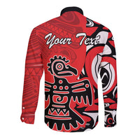 Red long-sleeve button shirt, back shows Your Text and Haida eagle graphic