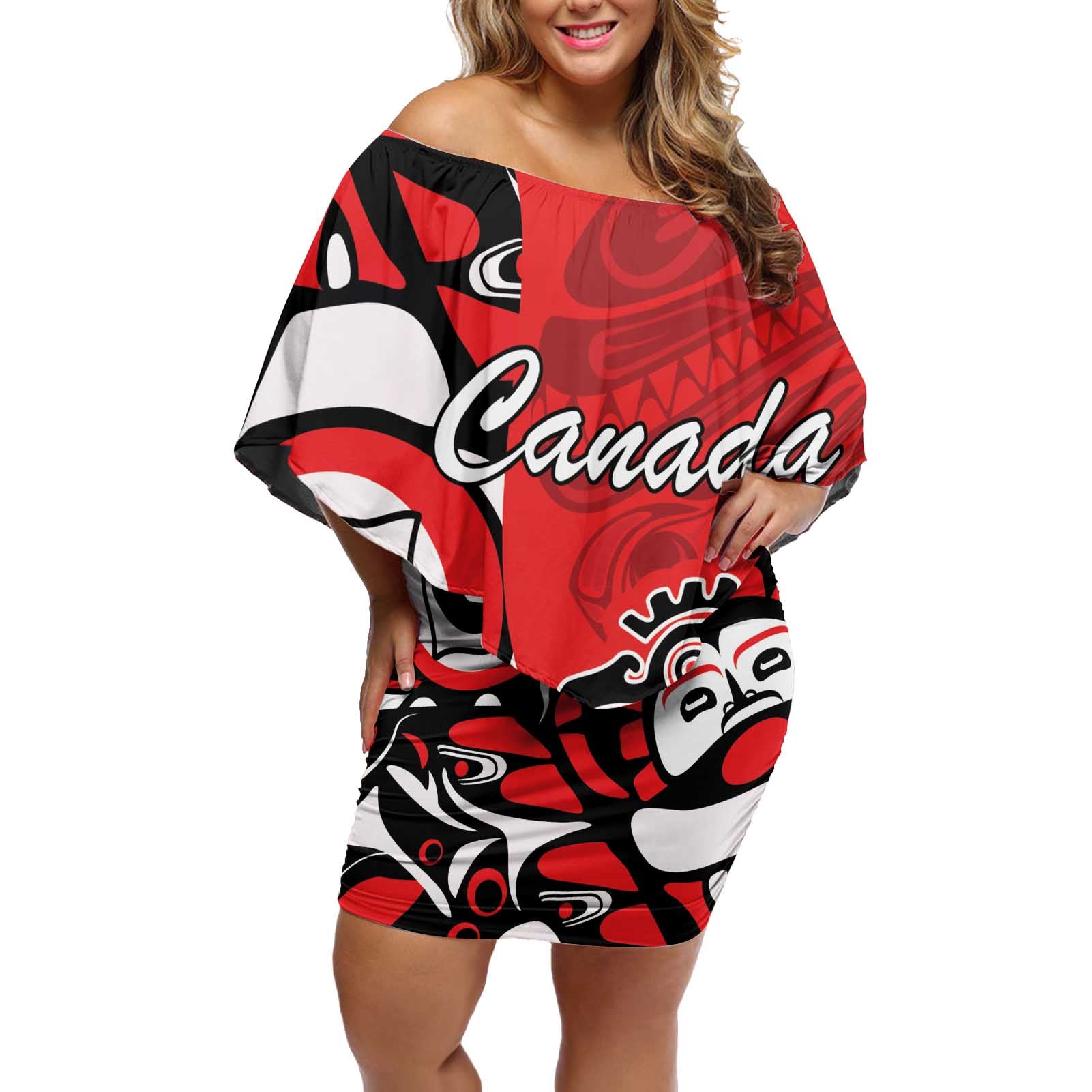 Personalized Canada Haida Eagle Off Shoulder Short Dress Red Style - Wonder Print Shop