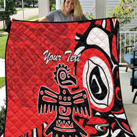 Red quilt with black-and-white eagle-style graphic and custom 'Your Text' print