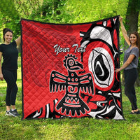 Red quilt blanket with eagle-style black-and-white artwork and 'Your Text' customization