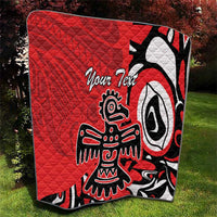 Red quilt with quilted pattern, eagle-style black-and-white graphic, and 'Your Text'