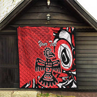 Red quilt panel hanging outdoors with eagle-style black-and-white graphic and 'Your Text'