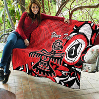 Red quilt blanket with eagle-style black-and-white design and centered 'Your Text'