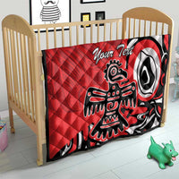 Red quilt blanket with eagle-style black-and-white graphic and 'Your Text' on a crib