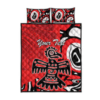 Red quilt bed set with eagle print and matching pillow, 'Your Text' center panel